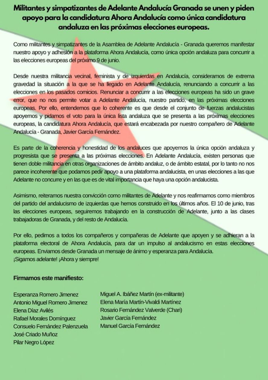 Adelante Andalucía Granada se une a Ahora Andalucía para concurrir a las Europeas como única candidatura andaluza